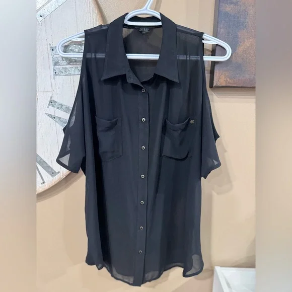 Guess Black Sheer Cold Shoulder Blouse Size Large - Picture 2 of 12